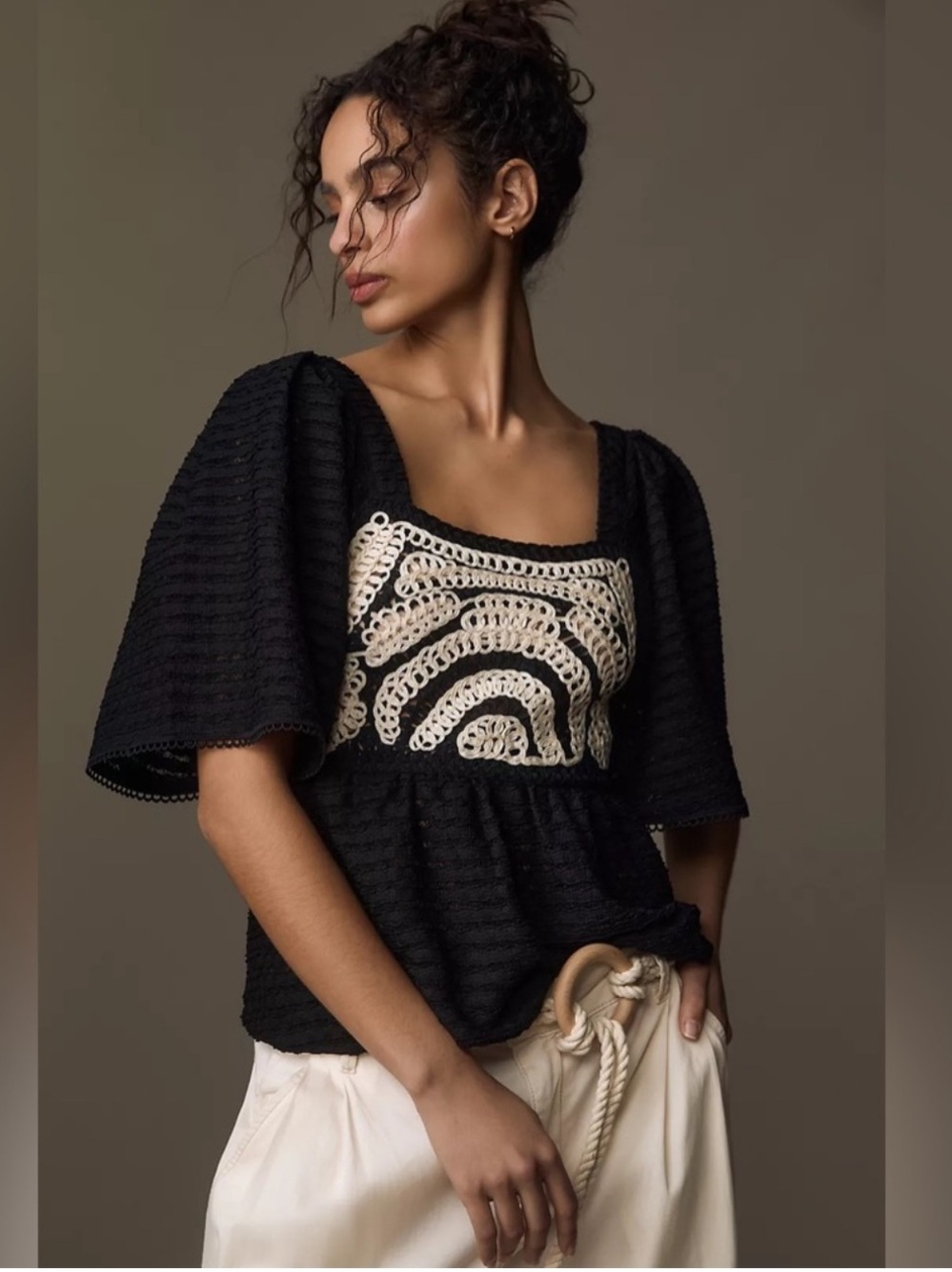 Sarah Hann x Anthropologie Black & Cream Flutter Sleeve Crochet Top - Small